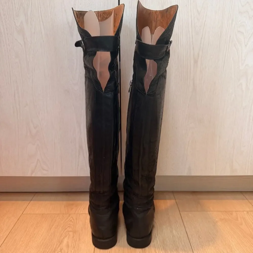 All Saints women’s Black Leather Over-the-Knee buckle zip up Riding Boots  37